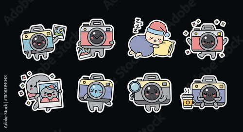 Cute kawaii camera sticker set a charming vector collection of adorable photographic devices in various activities, ideal for versatile SVG designs