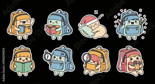 Kawaii sticker set, vector collection of charming school backpacks as svg assets. Cute characters for back to school and student projects