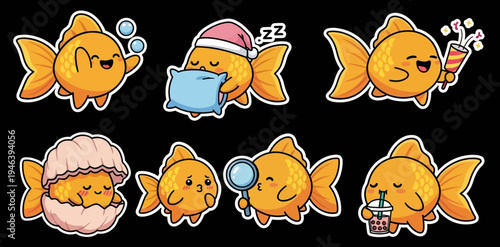 Adorable Kawaii Goldfish Sticker Set Vector Illustrations - Cute Aquatic Animal SVG Bundle Perfect for Digital Art, Crafts, and Fun Designs