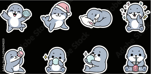 Charming kawaii baby seal sticker set vector graphic collection, perfect for adding adorable animal flair to designs, easily scalable SVG illustrations