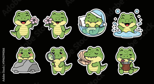 Kawaii sticker set of charming cartoon alligators and crocodiles in playful poses, versatile vector SVG graphics for creative designs