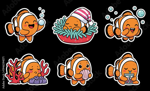 Kawaii clownfish sticker set, a delightful vector collection of adorable marine life characters in diverse poses, ideal for digital projects, featuring high-quality SVG assets