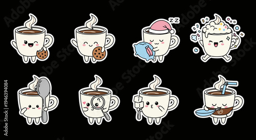 Kawaii coffee mug sticker set, versatile svg vector. Perfect for digital projects, featuring adorable, expressive cute characters for charming designs
