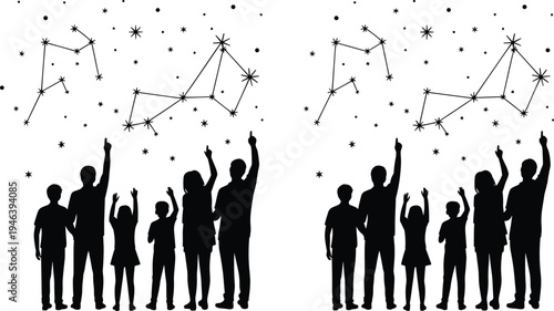 Silhouettes of People Looking Up at Constellations and Stars vector illustration