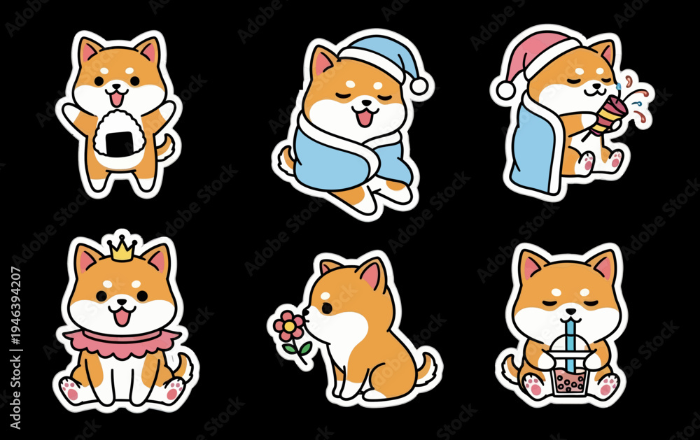 Obraz premium Kawaii sticker set charming svg vector illustrations of playful Shiba Inu dogs in various poses. An adorable collection for digital designs