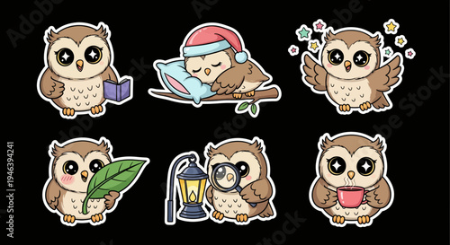 Captivating kawaii owl sticker set, a versatile vector and SVG collection showcasing charming nocturnal birds, perfect for delightful digital art projects