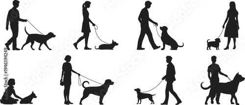 Silhouettes of People Walking Dogs on Leashes on White Background animal