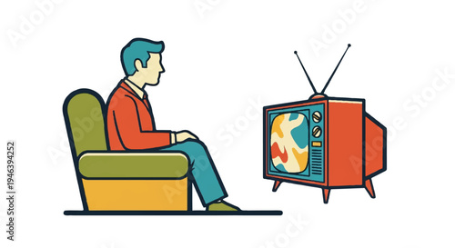 Man watching television retro style illustration