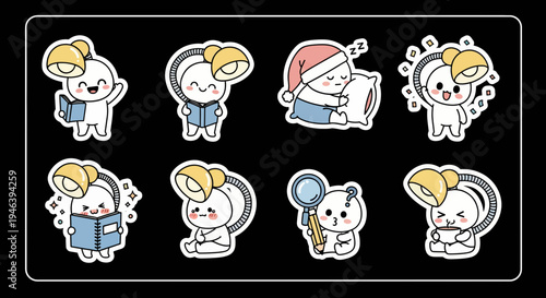 Charming Kawaii Desk Lamp Characters Vector Sticker Set – A Delightful Collection of Cute Studying and Relaxing Moments in SVG Format