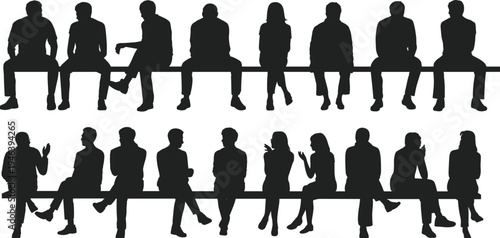 Silhouettes of people sitting and standing on benches against white background group