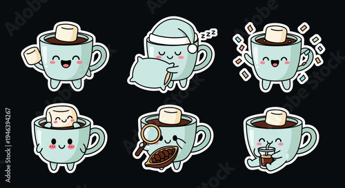 Delightful kawaii hot chocolate mugs sticker set, each with cute marshmallows, expressing diverse emotions and fun activities, perfect vector SVG graphics