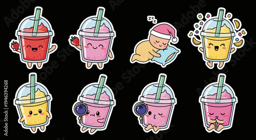 Sweet kawaii bubble tea character expressions sticker set, a delightful svg vector graphic collection featuring cute drink mascots, perfect for playful designs