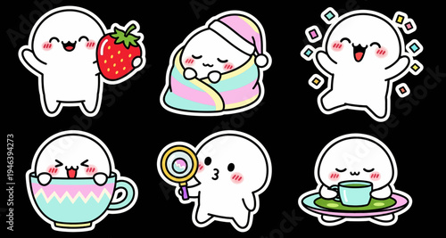 Whimsical kawaii character sticker set showcasing various expressive vector illustrations, ideal as scalable SVG graphics for delightful digital designs