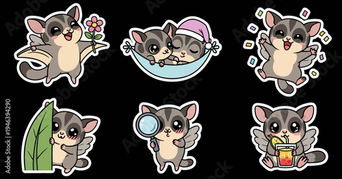 Adorable Kawaii Sugar Glider Sticker Set Vector SVG Illustrations A charming collection of cute marsupial characters in various playful poses, perfect for digital art and crafts