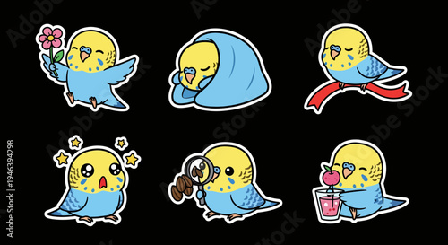 Delightful kawaii budgerigar sticker set vector collection, featuring cute bird poses and expressions, ideal for graphic projects, offered as scalable SVG files