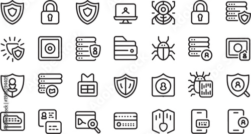 Collection of flat design security and technology icons isolated on transparent background