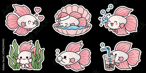 Kawaii fish sticker set charming vector illustrations of aquatic characters, perfect for creative projects, available as instant SVG files