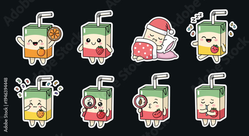 kawaii fruit drink character sticker set vector graphics, featuring varied expressions, ideal as scalable SVG for cute designs