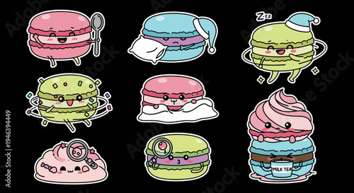 Discover this delightful kawaii macaron sticker set, a charming array of sweet dessert characters, ideal as scalable SVG vector graphics for creative designs