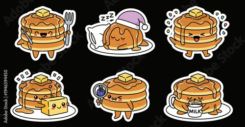 Adorable kawaii pancake sticker set vector collection featuring sweet dessert graphics and cute food illustrations in SVG format, perfect for breakfast themes