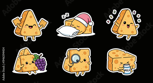A playful kawaii cheese character sticker set, a delightful vector collection of expressive dairy icons, perfect for charming designs and scalable svg graphics, adding joy