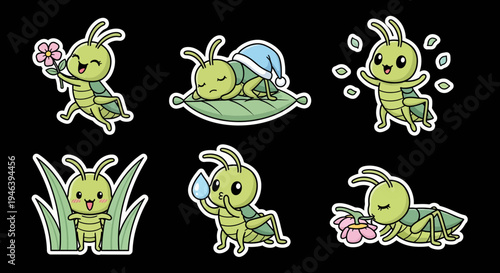 Adorable little insect characters vector illustration, a charming kawaii grasshopper sticker set, featuring cute crickets in various poses, perfect for creative projects in svg format