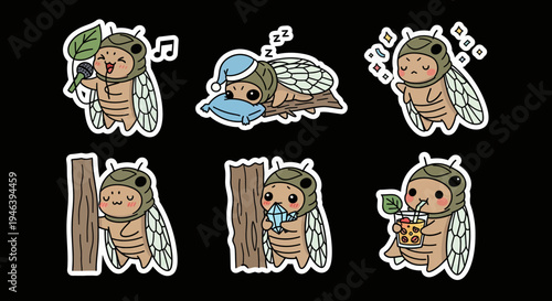 Adorable Kawaii Cicada Character Sticker Set Vector Collection - Cute Insect Svg Graphics for Summer Fun and Nature Themes, Perfect for Digital Projects and Merchandise Design