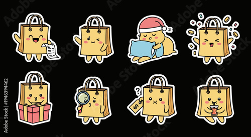 Charming kawaii shopping bag sticker set, featuring various emotions and activities. This versatile vector SVG collection is perfect for delightful design projects