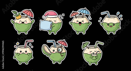 A delightful kawaii coconut character sticker set, featuring various cute tropical fruit vector illustrations for summer designs and fun SVG assets, perfect for adding playful charm to any project