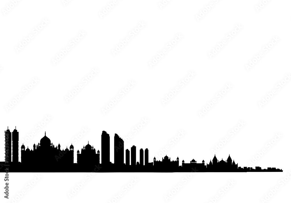 Obraz premium Black silhouette of a modern and traditional cityscape with prominent domes and skyscrapers.