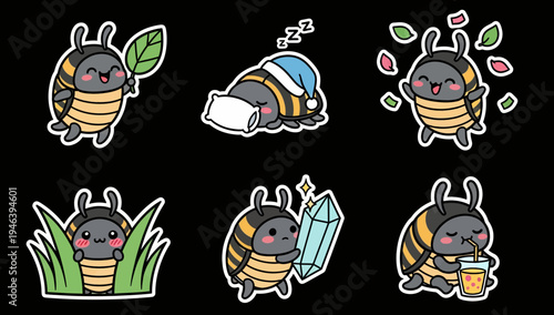 Kawaii insect sticker set vector collection of adorable bug characters in playful poses, perfect as scalable SVG graphics for creative digital art