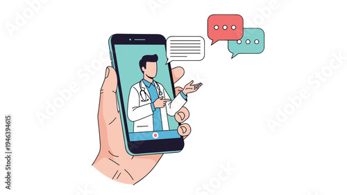 Telemedicine mobile app concept showing a male doctor on a smartphone screen with chat bubbles for online medical advice.