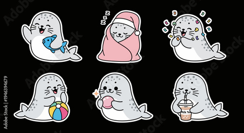 This charming kawaii seal sticker set offers adorable vector graphics. Perfect SVG collection for cute designs, digital projects, and delightful messaging