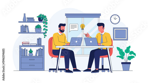 Creative team working together at office desk with laptops and sharing ideas represented by a lightbulb above table.