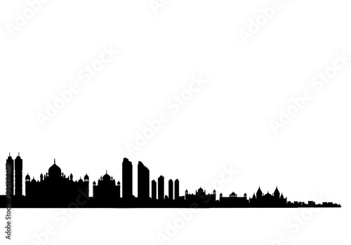 Black silhouette of a modern and traditional cityscape with prominent domes and skyscrapers.