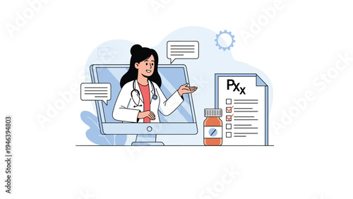 Online medical consultation and telehealth service concept showing a female doctor on a monitor screen giving advice to patients remotely.
