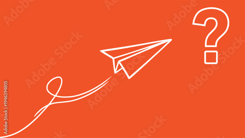 Paper Plane Flying Towards Question Mark Icon on Orange Background
