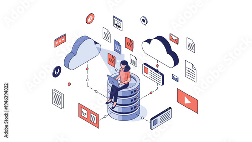 Cloud computing and big data management isometric illustration featuring a woman sitting on a database tower surrounded by floating icons.