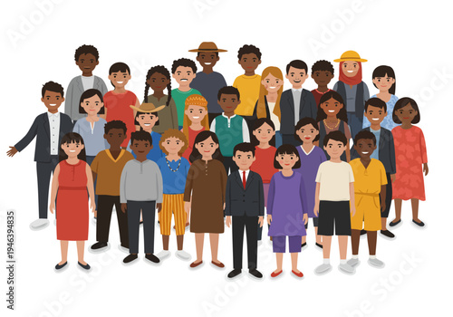 Smiling diverse group of people men women children standing together in a friendly inclusive vector illustration.