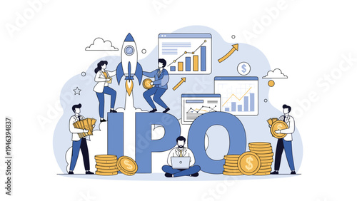 Initial Public Offering concept with professionals celebrating business growth near large IPO letters and a launching startup rocket icon.