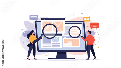 User interface and user experience design concept with professionals using magnifying glasses to analyze wireframes and layouts on a monitor.