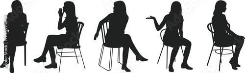 Silhouettes of Women Sitting on Chairs on White Background woman pose