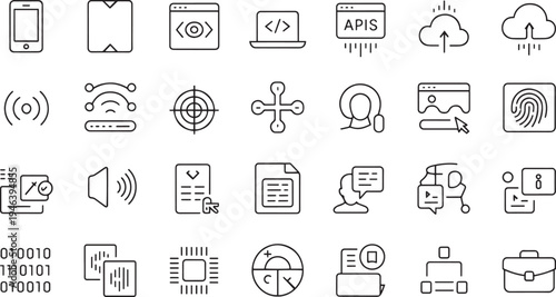 Collection of flat design technology and communication icons isolated on transparent background