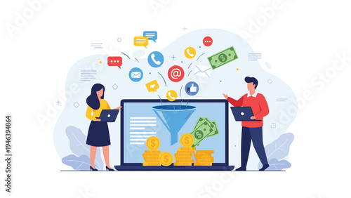 Digital marketing funnel and lead generation concept illustration with people at laptops collecting data and converting social interactions.