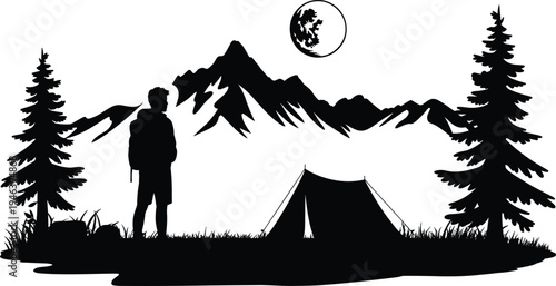 Hiker with backpack camping in mountains at night silhouette, outdoor adventure scene with tent and pine trees, flat vector nature illustration