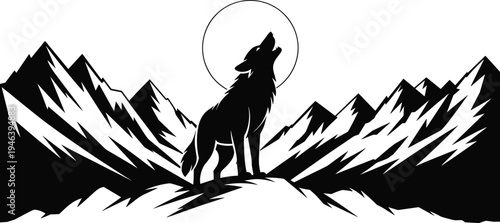 Howling wolf silhouette against full moon and mountain range, black and white wild animal vector illustration, wilderness nature landscape.