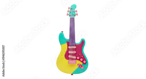 Vibrant, Cartoon-Style Electric Guitar with Pink and Teal Accents