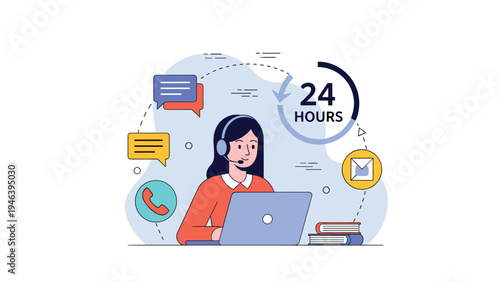 Customer service and 24-hour support center illustration with a female agent wearing headset and working at her laptop computer.