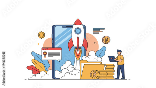 Business startup and mobile app development concept featuring a rocket launching from a smartphone screen alongside coins and file folders.