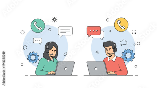 Professional customer support team with male and female agents wearing headsets and working at laptops with various communication icons.